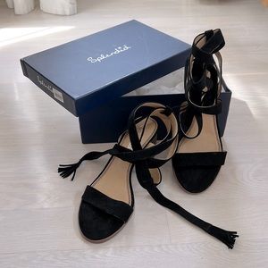 New in box splendid lace up black suede strappy wrap up heels “Janet”